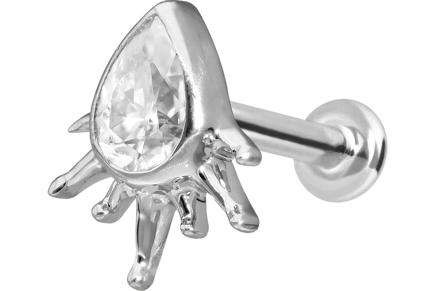 14 Karat Gold Labret Piercing mit Push Fit MOISSANIT-TROPFEN + SONNENSTRAHLEN